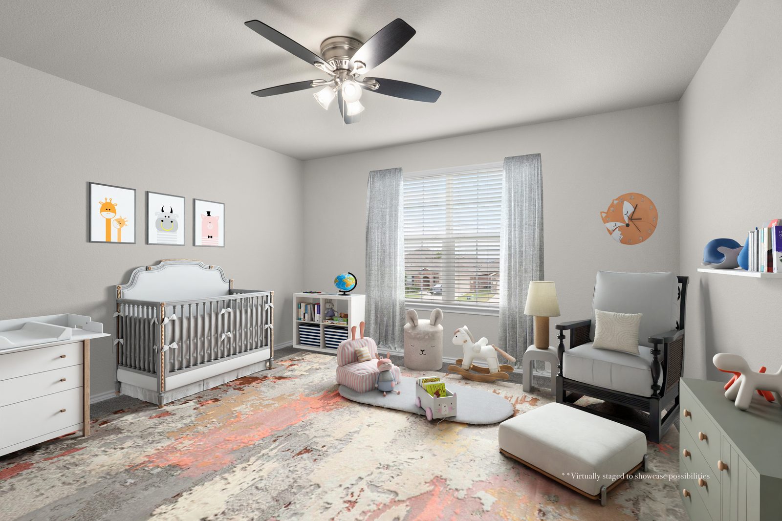 Bedroom virtually staged as a nursery with crib and rocking chair