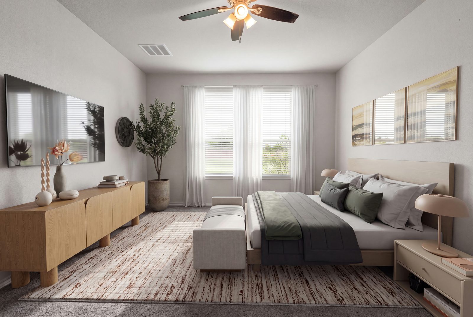Primary bedroom virtually staged with bed, bench and dresser