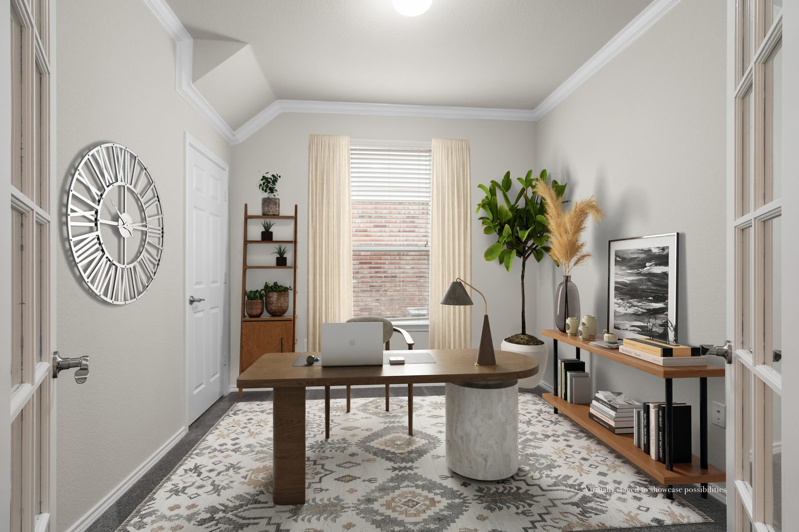 Small room virtually staged as a home office with desk and plants